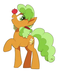 Size: 800x1000 | Tagged: safe, artist:thebatfang, derpibooru import, apple brown betty, earth pony, pony, apple, apple family member, balancing, food, image, png, ponies balancing stuff on their nose, simple background, solo, transparent background
