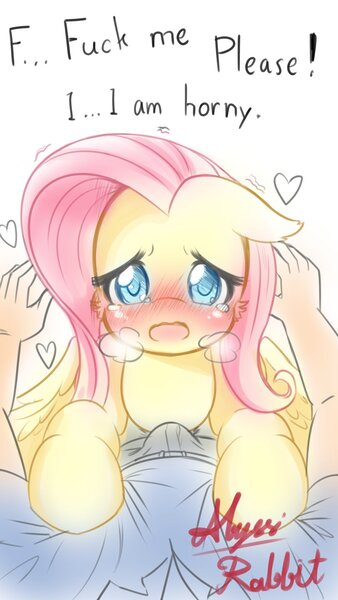 Size: 1080x1920 | Tagged: questionable, artist:abyssalrabbit, derpibooru import, fluttershy, human, pegasus, pony, asking for it, blushing, crotch bulge, cute, dialogue, duo, estrus, female, female focus, image, jpeg, male, male pov, mare, offscreen character, offscreen male, open mouth, pov, shyabetes, signature, simple background, solo focus, talking to viewer, vulgar, white background