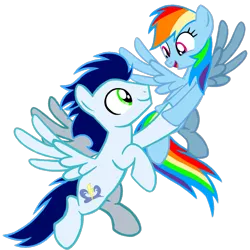 Size: 1099x1099 | Tagged: safe, artist:mlplary6, derpibooru import, rainbow dash, soarin', pegasus, pony, female, flying, holding hooves, image, looking at each other, looking at someone, male, mare, png, shipping, simple background, smiling, smiling at each other, soarindash, stallion, straight, transparent background, vector