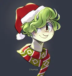 Size: 1127x1200 | Tagged: safe, artist:laymy, derpibooru import, oc, unofficial characters only, pony, bust, christmas, clothes, gray background, hat, holiday, image, jpeg, santa hat, scarf, simple background, smiling, solo