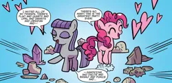 Size: 1334x643 | Tagged: safe, artist:kate sherron, derpibooru import, idw, maud pie, pinkie pie, earth pony, pony, spoiler:comic, spoiler:comic86, dialogue, duo, female, filly, filly pinkie pie, g4, gradient background, heart, image, jpeg, party, rock, speech bubble, younger