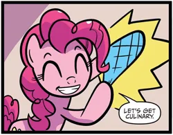 Size: 960x750 | Tagged: safe, artist:kate sherron, derpibooru import, idw, pinkie pie, earth pony, pony, spoiler:comic, spoiler:comic86, dialogue, emanata, female, g4, image, jpeg, mare, oven mitts, solo, speech bubble