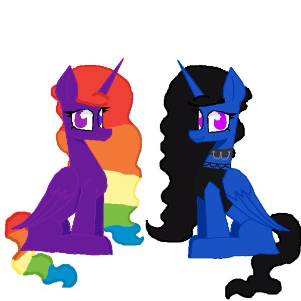 Size: 700x700 | Tagged: safe, derpibooru import, oc, oc:princessmoonlight, oc:shadowtheultima, unofficial characters only, alicorn, pegasus, derpibooru community collaboration, 2023, 2023 community collab, couple, dark mane, image, multicolored mane, pegasus oc, png, simple background, sitting, smiling, transparent background, wings