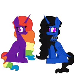 Size: 700x700 | Tagged: safe, derpibooru import, oc, oc:princessmoonlight, oc:shadowtheultima, unofficial characters only, alicorn, pegasus, derpibooru community collaboration, 2023, 2023 community collab, couple, dark mane, image, multicolored mane, pegasus oc, png, simple background, sitting, smiling, transparent background, wings