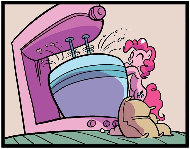 Size: 960x750 | Tagged: safe, artist:kate sherron, derpibooru import, idw, pinkie pie, earth pony, pony, spoiler:comic, spoiler:comic86, bipedal, emanata, female, flour sack, g4, image, jpeg, mare, mixer, solo