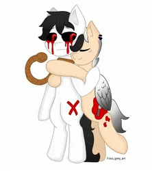 Size: 2008x2263 | Tagged: semi-grimdark, artist:foxx_grey_art, derpibooru import, oc, oc:black fox, oc:colin grey, unofficial characters only, earth pony, pegasus, pony, blood, crying, earth pony oc, hug, image, jpeg, noose, pegasus oc, red eyes, simple background, tears of blood, white background, wings