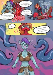 Size: 707x1000 | Tagged: semi-grimdark, suggestive, artist:alcohors, artist:ziyaneart, derpibooru import, oc, oc:essy ferguson, oc:ziyane, unofficial characters only, anthro, earth pony, mimic, plantigrade anthro, unicorn, comic:ziyane and essy in another world, anthro oc, blood, dialogue, digital art, ear piercing, earring, glasses, i've seen enough hentai to know where this is going, image, jewelry, jpeg, piercing, stabbing, sword, tentacles, vulgar, weapon