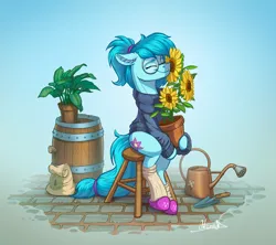Size: 4170x3698 | Tagged: safe, artist:helmie-art, derpibooru import, oc, oc:whispy slippers, unofficial characters only, earth pony, pony, barrel, chair, clothes, ear fluff, earth pony oc, eyes closed, female, flower, flower pot, glasses, image, male, mare, plant, png, sitting, slippers, socks, solo, stool, sunflower, sweater, trowel, watering can