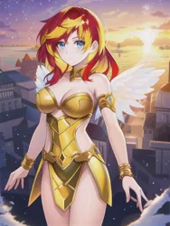 Size: 512x682 | Tagged: safe, derpibooru import, editor:sammykun, machine learning generated, novelai, stable diffusion, sunset shimmer, angel, angelic wings, armor, armor skirt, blue eyes, breastplate, city, cityscape, clothes, derpibooru exclusive, flying, gold, image, jewelry, jpeg, looking at you, ocean, skirt, sky, sunset, water, wings