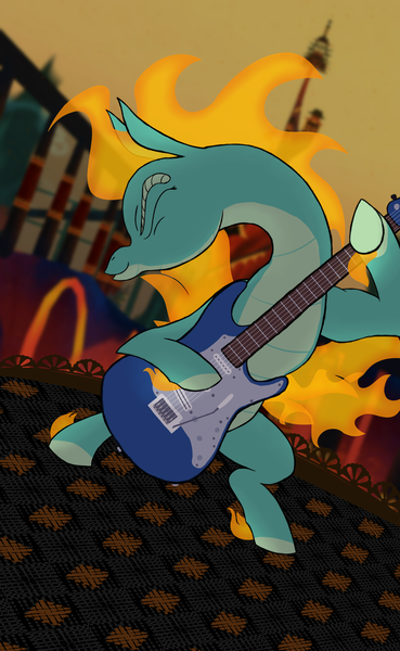 Size: 4000x6500 | Tagged: safe, artist:jsacos, derpibooru import, tianhuo, dragon, hybrid, longma, art pack:tianhuo art pack, them's fightin' herds, community related, eyes closed, guitar, image, musical instrument, png, solo, tail, tianhuo (tfh), wings