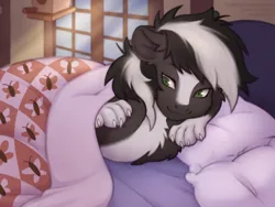 Size: 1120x840 | Tagged: safe, alternate version, artist:elronya, artist:eltaile, derpibooru import, oc, unofficial characters only, pony, skunk, bed, blanket, comfy, commission, image, jpeg, lazy, lying, male, pillow, skunkpony, solo, zenawa skunkpony