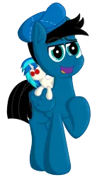 Size: 3604x6600 | Tagged: safe, artist:agkandphotomaker2000, derpibooru import, vinyl scratch, oc, oc:pony video maker, unofficial characters only, pegasus, pony, derpibooru community collaboration, 2023 community collab, director's hat, eyebrows, eyebrows visible through hair, folded wings, hoof on chest, image, looking at you, male, open mouth, pegasus oc, plushie, png, simple background, solo, transparent background, tumblr, wings