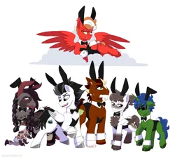 Size: 3452x3112 | Tagged: safe, artist:shallowwin, derpibooru import, oc, unofficial characters only, earth pony, pegasus, pony, rabbit, unicorn, animal, blushing, bunny ears, bunny suit, clothes, commission, cutie mark, feral, image, male, ocs everywhere, png, stallion