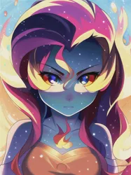 Size: 512x683 | Tagged: safe, derpibooru import, editor:sammykun, machine learning generated, novelai, stable diffusion, sunset shimmer, human, equestria girls, angry, female, fire, fire hair, humanized, image, jpeg, lighting, looking at you, serious, serious face, shadow, solo, solo female