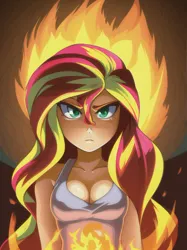 Size: 512x683 | Tagged: safe, derpibooru import, editor:sammykun, machine learning generated, novelai, stable diffusion, sunset shimmer, human, equestria girls, angry, breasts, burning, bust, busty sunset shimmer, cleavage, female, fire, fire hair, frown, humanized, image, jpeg, lighting, long hair, looking at you, serious, serious face, shadow, solo
