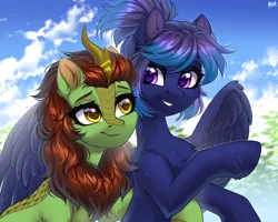Size: 2500x2000 | Tagged: safe, artist:hakaina, derpibooru import, oc, unofficial characters only, kirin, pegasus, pony, bust, cheek fluff, chest fluff, cloud, colored, cute, duo, ear cleavage, ear fluff, eyelashes, fluffy, grin, high res, hoof fluff, horn, hug, image, kirin oc, leg fluff, looking at each other, looking at someone, ocbetes, partially open wings, pegasus oc, png, purple eyes, shading, signature, sky, slim, smiling, smiling at each other, spread wings, teeth, thin, unshorn fetlocks, wing fluff, wings, yellow eyes