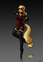 Size: 1611x2286 | Tagged: suggestive, artist:vanschalk, derpibooru import, part of a set, applejack, anthro, earth pony, robot, unguligrade anthro, applebot, ballet boots, bodysuit, bondage, boots, breasts, busty applejack, cleavage, clothes, corset, cosplay, costume, encasement, female, fetish, garters, gloves, gradient background, gray background, gynoid, hand on hip, high heel boots, image, implied human, jpeg, lingerie, lipstick, long gloves, looking at you, mask, masking, mecha, patreon, patreon reward, ponysuit, pose, reflecting floor, roboticization, shoes, signature, simple background, smiling, solo, solo female, standing, tail, thigh boots, tiptoe, transformation