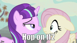 Size: 610x343 | Tagged: safe, derpibooru import, edit, edited edit, edited screencap, screencap, fluttershy, starlight glimmer, pegasus, pony, unicorn, the cutie map, /mlp/ tf2 general, animated, blushing, caption, equal cutie mark, female, floppy ears, gif, glimmershy, hop on tf2, image, image macro, kissing, lesbian, mare, s5 starlight, shipping, text
