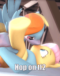 Size: 375x478 | Tagged: suggestive, derpibooru import, fluttershy, rainbow dash, /mlp/ tf2 general, 3d, animated, cropped porn, female, flutterdash, gif, hop on tf2, image, kissing, lesbian, shipping, source filmmaker, text