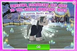 Size: 1956x1296 | Tagged: safe, derpibooru import, official, professor flintheart, pony, unicorn, advertisement, cloak, clothes, english, gameloft, horn, image, jpeg, male, mobile game, my little pony: magic princess, solo, solo focus, stallion, text