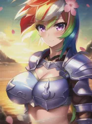 Size: 512x683 | Tagged: suggestive, derpibooru import, editor:sammykun, machine learning generated, novelai, stable diffusion, rainbow dash, human, anime style, armor, big breasts, big eyes, breastplate, breasts, busty rainbow dash, chestplate, cleavage, female, flower, flower in hair, humanized, image, jpeg, knight, looking at you, metal, midriff, ocean, pauldron, smiling, solo, solo female, sunset, unconvincing armor, water
