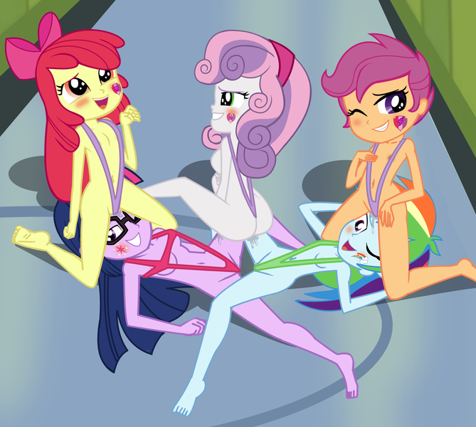Size: 2200x1973 | Tagged: explicit, artist:succubi samus, banned from derpibooru, apple bloom, rainbow dash, sci-twi, scootaloo, sweetie belle, twilight sparkle, equestria girls, bikini, blushing, breasts, clothes, cutie mark, cutie mark crusaders, cutie mark on equestria girl, delicious flat chest, female, fivesome, glasses, group sex, image, lesbian, lolicon, nipples, nudity, png, school, sex, show accurate, show accurate porn, swimsuit, underage, vaginal secretions