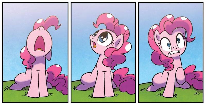 Size: 1334x679 | Tagged: safe, artist:agnesgarbowska, derpibooru import, idw, pinkie pie, earth pony, pony, spoiler:comic, spoiler:comic59, cute, female, g4, gritted teeth, image, jpeg, mare, nose in the air, open mouth, solo, teeth