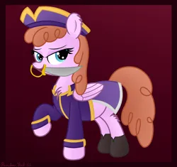 Size: 3150x2956 | Tagged: safe, artist:rainbowšpekgs, derpibooru import, jetstream, pegasus, pony, chest fluff, clothes, eyebrows, female, folded wings, gradient background, hat, high res, image, looking at you, mare, mouth hold, pirate, pirate hat, png, raised hoof, signature, solo, standing, sword, weapon, wings