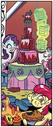 Size: 566x1334 | Tagged: safe, artist:brendahickey, derpibooru import, idw, apple bloom, rarity, scootaloo, sweetie belle, earth pony, pegasus, pony, unicorn, spoiler:comic, spoiler:comic63, cake, cupcake, cutie mark crusaders, donut, eating, faic, female, filly, foal, food, g4, glow, glowing horn, group, horn, image, jpeg, levitation, magic, mare, pie, quartet, telekinesis, this will end in weight gain