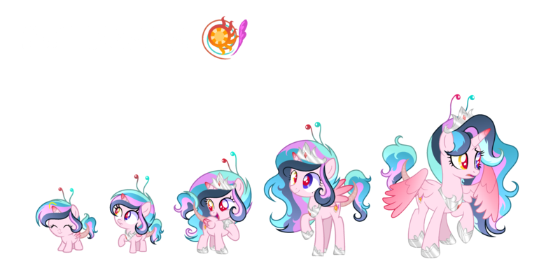 Size: 5000x2500 | Tagged: safe, artist:stellamoonshine, derpibooru import, oc, oc:euthanasia, alicorn, hybrid, pony, age progression, antennae, baby, baby pony, base used, crown, female, filly, foal, folded wings, heterochromia, hoof shoes, image, interspecies offspring, jewelry, leonine tail, mare, offspring, parent:discord, parent:princess celestia, parents:dislestia, partially open wings, peytral, png, red pupils, regalia, simple background, spread wings, tail, teenager, transparent background, wings