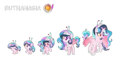 Size: 5000x2500 | Tagged: safe, artist:stellamoonshine, derpibooru import, oc, oc:euthanasia, alicorn, hybrid, pony, age progression, antennae, baby, baby pony, base used, crown, female, filly, foal, folded wings, heterochromia, hoof shoes, image, interspecies offspring, jewelry, leonine tail, mare, offspring, parent:discord, parent:princess celestia, parents:dislestia, partially open wings, peytral, png, red pupils, regalia, simple background, spread wings, tail, teenager, transparent background, wings
