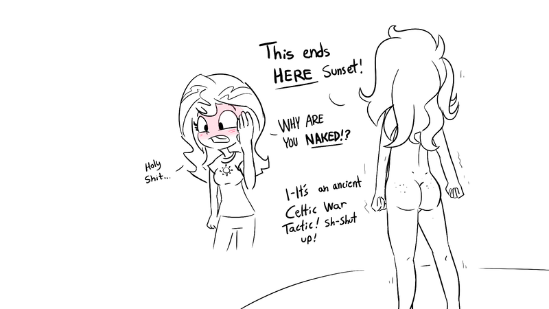 Size: 1920x1080 | Tagged: questionable, artist:tjpones, derpibooru import, sunset shimmer, wallflower blush, human, equestria girls, ass, black and white, blushing, blushing profusely, butt, butt freckles, clothed female nude female, dialogue, duo, duo female, exhibitionist wallflower, female, females only, freckles, grayscale, image, looking away, monochrome, partial color, png, simple background, vulgar, wallflower butt, white background