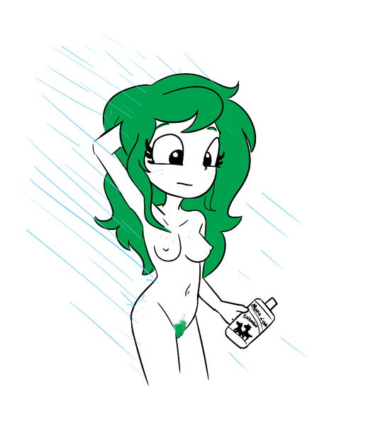 Size: 917x1060 | Tagged: questionable, artist:tjpones, derpibooru import, wallflower blush, human, equestria girls, armpits, belly button, boob freckles, breasts, busty wallflower blush, chest freckles, female, freckles, hip freckles, image, mane 'n tail, nipples, nudity, partial color, png, pubic hair, shampoo, shower, simple background, solo, solo female, wallflower bush, white background