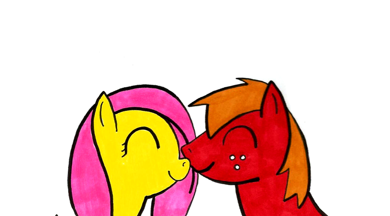 Size: 1080x600 | Tagged: safe, artist:ponyplays, derpibooru import, edit, big macintosh, fluttershy, earth pony, pegasus, pony, boop, cropped, eyes closed, female, fluttermac, image, male, noseboop, nuzzling, png, shipping, simple background, smiling, stallion, straight, traditional art, white background