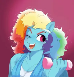Size: 1051x1093 | Tagged: safe, artist:aztrial, derpibooru import, rainbow dash, anthro, pegasus, 80s, 80s hair, alternate hairstyle, clothes, cute, dashabetes, dumbbell (object), female, headband, image, jpeg, olivia newton-john, one eye closed, open mouth, red background, simple background, solo, tanktop, towel, weights, wink