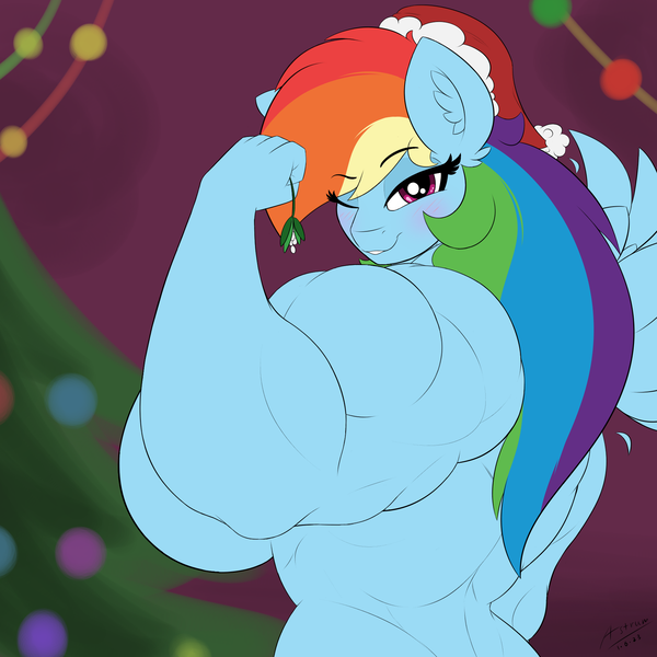 Size: 1800x1800 | Tagged: questionable, alternate version, artist:astrum, derpibooru import, rainbow dash, anthro, pegasus, amazon, back muscles, bedroom eyes, biceps, big breasts, blushing, breasts, busty rainbow dash, christmas, christmas lights, christmas tree, deltoids, digital art, ear fluff, eyebrows, eyebrows visible through hair, female, fist, flexing, floating wings, hat, holiday, huge breasts, image, lights, looking at you, mistletoe, muscles, muscular female, nudity, one eye closed, png, rainbuff dash, rear view, santa hat, sideboob, smiling, solo, solo female, tree, triceps, wings, wink