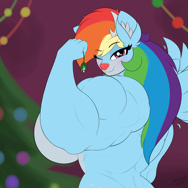 Size: 1800x1800 | Tagged: questionable, alternate version, artist:astrum, derpibooru import, rainbow dash, anthro, deer, deer pony, original species, peryton, reindeer, amazon, antlers, back muscles, bedroom eyes, biceps, big breasts, blushing, breasts, busty rainbow dash, christmas, christmas lights, christmas tree, deltoids, digital art, ear fluff, eyebrows, eyebrows visible through hair, female, fist, flexing, floating wings, glow, holiday, huge breasts, image, lights, looking at you, mistletoe, muscles, muscular female, nudity, one eye closed, png, rainbuff dash, rear view, red nose, reindeer antlers, reindeer dash, reindeerified, sideboob, smiling, solo, solo female, species swap, tree, triceps, wings, wink