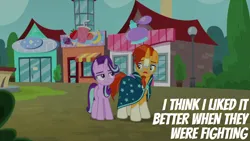 Size: 1920x1080 | Tagged: safe, derpibooru import, edit, edited screencap, editor:quoterific, screencap, starlight glimmer, sunburst, pony, unicorn, the parent map, beard, blaze (coat marking), cloak, clothes, coat markings, duo, duo male and female, facial hair, facial markings, female, frown, glasses, image, implied firelight, implied stellar flare, looking at each other, looking at someone, male, mare, messy mane, png, socks (coat marking), stallion, starlight glimmer is not amused, sunburst is not amused, sunburst's cloak, sunburst's glasses, unamused