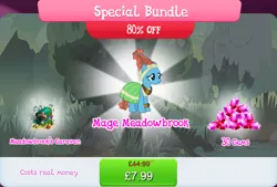 Size: 1264x856 | Tagged: safe, derpibooru import, official, meadowbrook, pony, bag, book, bundle, bush, caravan, clothes, costs real money, dress, english, female, gameloft, gem, healer's mask, image, jpeg, mare, mask, mobile game, my little pony: magic princess, numbers, sale, solo, solo focus, text