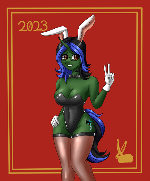 Size: 1500x1800 | Tagged: suggestive, artist:zachc, derpibooru import, oc, unofficial characters only, anthro, unicorn, bunny ears, bunny suit, clothes, commission, image, latex, latex suit, png, solo, ych result