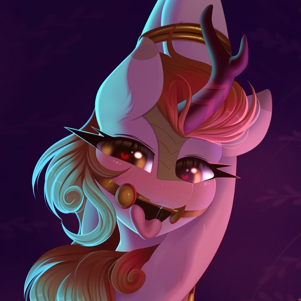 Size: 1282x1282 | Tagged: questionable, artist:kebchach, derpibooru import, autumn blaze, kirin, arm behind head, bit gag, bondage, bound wrists, drool, drool string, female, gag, heart, heart eyes, image, jpeg, looking at you, open mouth, solo, solo female, tongue out, wingding eyes