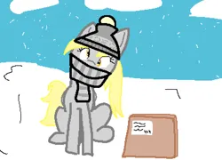 Size: 1185x852 | Tagged: safe, artist:milliemuffins, derpibooru import, derpy hooves, pegasus, pony, clothes, delivery, hat, image, package, png, scarf, snow, solo, winter
