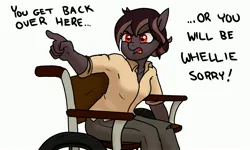 Size: 3000x1800 | Tagged: safe, artist:pony quarantine, derpibooru import, oc, oc:chisel hammer, unofficial characters only, anthro, earth pony, pony, dialogue, female, image, jpeg, mare, pointing, pun, simple background, solo, wheelchair, white background