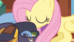 Size: 520x293 | Tagged: safe, derpibooru import, screencap, discord, fluttershy, draconequus, pegasus, pony, dungeons and discords, animated, bag, cute, duo, duo male and female, female, gif, image, male, mare, micro, opening, surprised, tiny