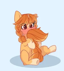 Size: 1182x1313 | Tagged: safe, artist:freyamilk, derpibooru import, oc, oc:morning latte, unofficial characters only, pony, unicorn, blushing, eye clipping through hair, female, image, jpeg, mare, pigtails, prehensile tail, simple background, sitting, tail, tail hold