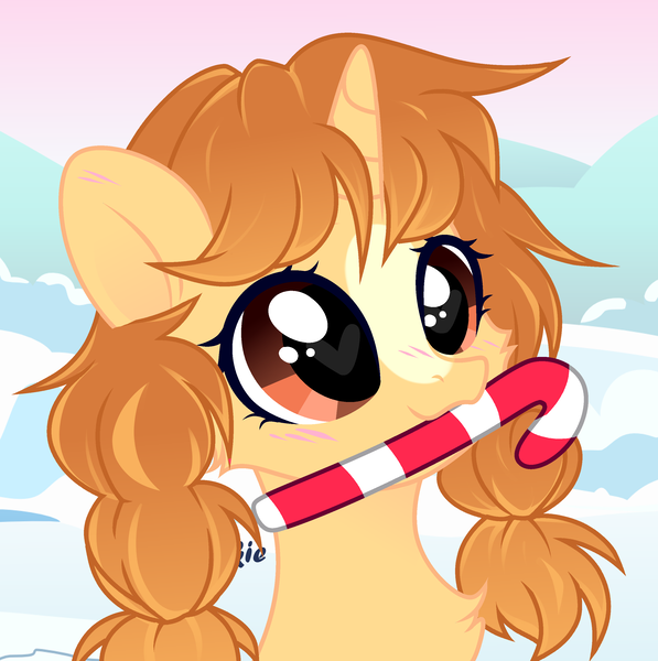 Size: 2842x2856 | Tagged: safe, artist:vi45, derpibooru import, oc, oc:morning latte, unofficial characters only, pony, unicorn, behaving like a dog, blushing, candy, candy cane, cute, female, food, image, mare, pigtails, png, solo