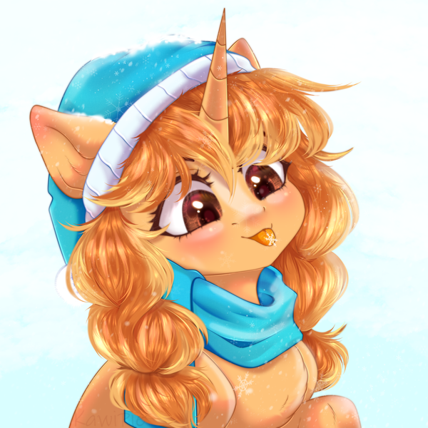 Size: 1900x1900 | Tagged: safe, artist:kawipie, derpibooru import, oc, oc:morning latte, unofficial characters only, pony, unicorn, :p, clothes, cozy, cute, female, hat, image, mare, pigtails, png, scarf, snow, solo, tongue out