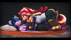 Size: 9600x5400 | Tagged: suggestive, artist:imafutureguitarhero, derpibooru import, sci-twi, sunset shimmer, twilight sparkle, twilight sparkle (alicorn), alicorn, anthro, classical unicorn, pony, unguligrade anthro, unicorn, series:twilight's sexual deviancy, 3d, :p, :s, absurd file size, absurd resolution, arm fluff, arm freckles, arms tied, bdsm, belly fluff, bitchsuit, black bars, blushing, bondage, boop, boots, bound arms, bound legs, bra, caption, cheek fluff, chest freckles, chin fluff, chromatic aberration, clothes, cloven hooves, colored eyebrows, colored eyelashes, conversation, crop top bra, cute, derpibooru exclusive, dialogue, dialogue in the description, duo, ear fluff, ear freckles, elbow pads, evening gloves, eye contact, female, femsub, film grain, fingerless elbow gloves, fingerless gloves, fluffy, fluffy hair, fluffy mane, fluffy tail, freckles, fur, glasses, glasses off, gloves, hoof boots, horn, image, jpeg, knee pads, leash, leather, leather boots, leg fluff, leg freckles, legs tied, leonine tail, lesbian, long gloves, long nails, looking at each other, looking at someone, mare, messy hair, messy mane, multicolored hair, multicolored mane, multicolored tail, nail polish, neck fluff, nose wrinkle, noseboop, on floor, paintover, pants, peppered bacon, pillow, revamped anthros, revamped ponies, rope, rope bondage, ropes, scitwilicorn, scitwishimmer, shimmerbetes, shipping, shoes, shorts, shoulder fluff, signature, smiling, socks, source filmmaker, stage.bsp, stockings, striped gloves, striped socks, striped stockings, submissive, subset, subtitles, sunset shimmer is not amused, sunsetsparkle, tail, tail fluff, tanktop, text, thigh highs, this will end in pain, tied up, tongue out, twiabetes, twidom, unamused, underwear, unshorn fetlocks, varying degrees of amusement, wall of tags, wavy mouth, wings