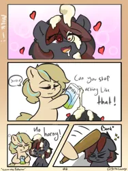 Size: 1000x1333 | Tagged: safe, artist:grithcourage, derpibooru import, oc, oc:grith courage, oc:kappu kyrana, earth pony, pony, ><, ahegao, bonk, comic, dialogue, earth pony oc, eyes closed, heart, heart eyes, holding, image, meme, milk, not porn, open mouth, png, simple background, text, tongue out, tsundere, wingding eyes