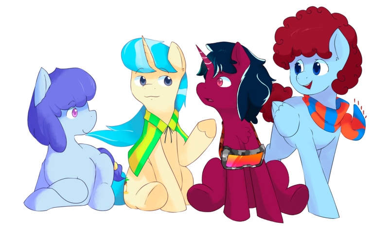 Size: 2177x1286 | Tagged: safe, artist:dariosparks, derpibooru import, oc, oc:navy plight, oc:peaceful shore, oc:stilbruch tingle, oc:warm spark, unofficial characters only, earth pony, pegasus, pony, unicorn, derpibooru community collaboration, 2023 community collab, accessories, blue eyes, clothes, glow, glowing horn, group, horn, image, open mouth, open smile, pink eyes, png, scarf, sitting, smiling, striped scarf, two toned mane